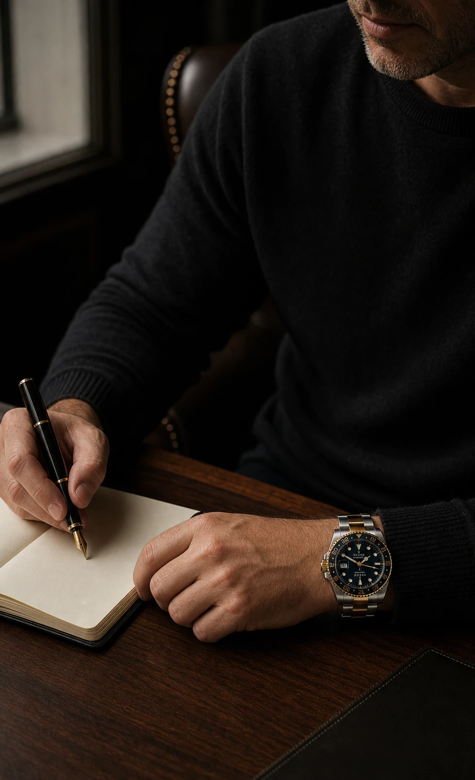 Veyron owner wearing the V01 at a writing desk